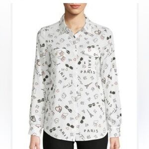 Karl Lagerfeld French Streets Roll Sleeve Button Down Blouse White & Black Sz M